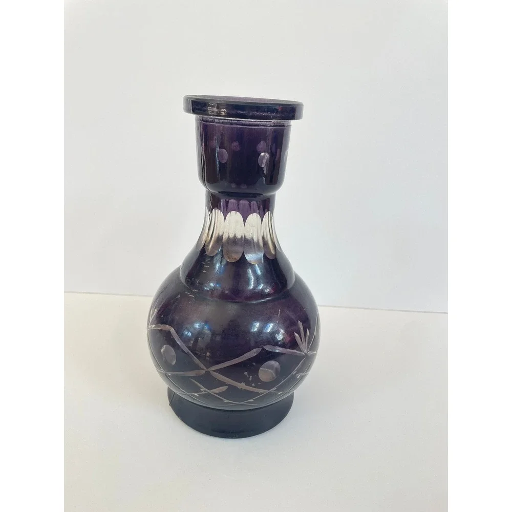 Vintage Amethyst Purple Etched Glass Vase Bohemian Cut to Clear Floral 7.5 Inch